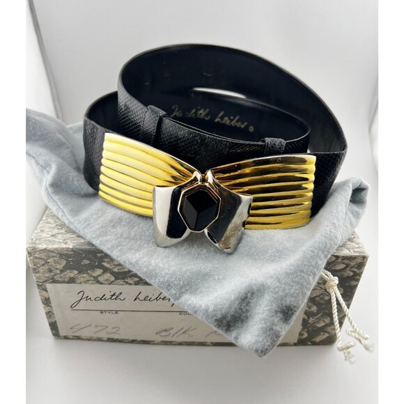 Vtg Judith Leiber Karung Snakeskin Leather Statement Belt Buckle w/Box Black main image 10